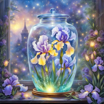 Iris célestes - fleur du crépuscule dans un pot en verre