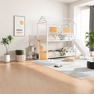 Storage Stair Beds, Twin Metal House Bunk With Slide, Modern Kids Home