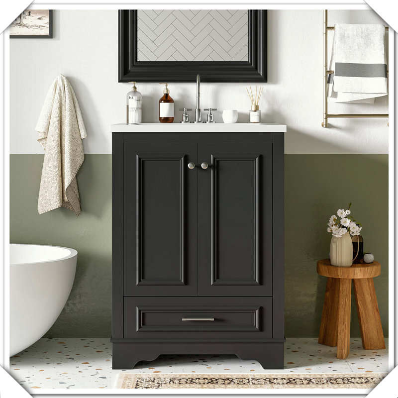 Meuble-lavabo autoportant moderne avec évier en céramique et poignées à fermeture douce, Noir