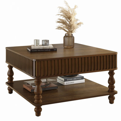 Fluted Lift-top Coffee Table With Hidden Storage, Open Storage, Hydraulic Raising Mechanism And Retro Wood Legs