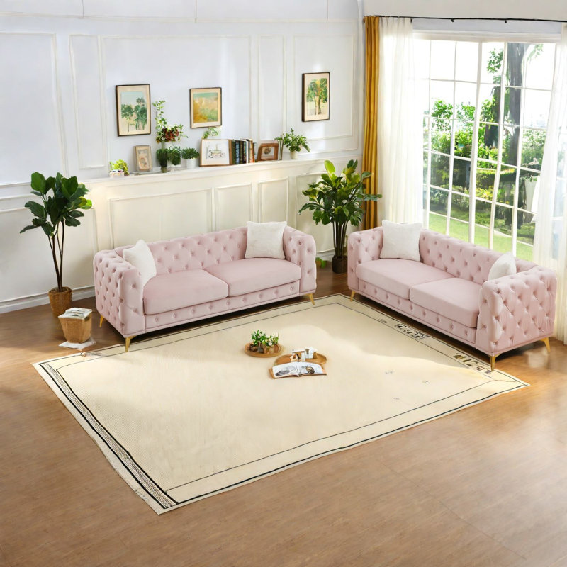 Ensemble de canapés à compression, salon en bois de velours rose