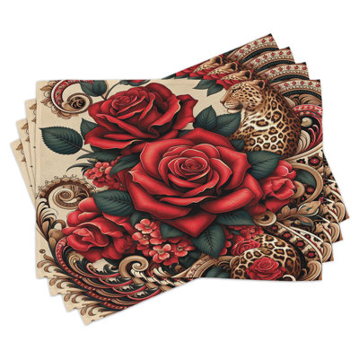 Ambesonne Leopard Place Mats Set of 4 Red Roses Swirls Wild Cat Standard Vermilion Caramel Beige -  ser_429918