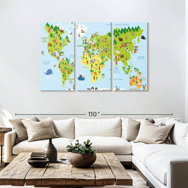 Caricature d'Aliaz sur la carte du monde, H 48 po x l 74 po