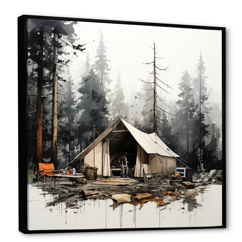 Tente de camping dans un paysage hivernal, H 16 po x l 16 po x P 1 po, Cadre flottant noir