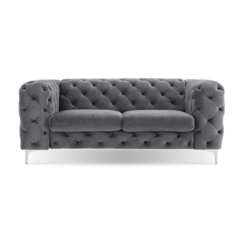 Willa Tufted Velvet Chesterfield Loveseat / Sofa with Chrome Legs, 29.5" H x 70.5" W x 39" D, 2, Gray Velvet