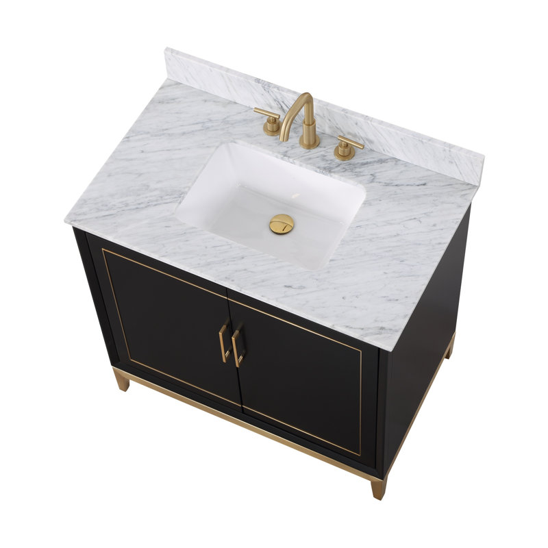 Gracie 36'' W Single Vanity, Calacatta Quartz, Midnight Black, Satin Brass