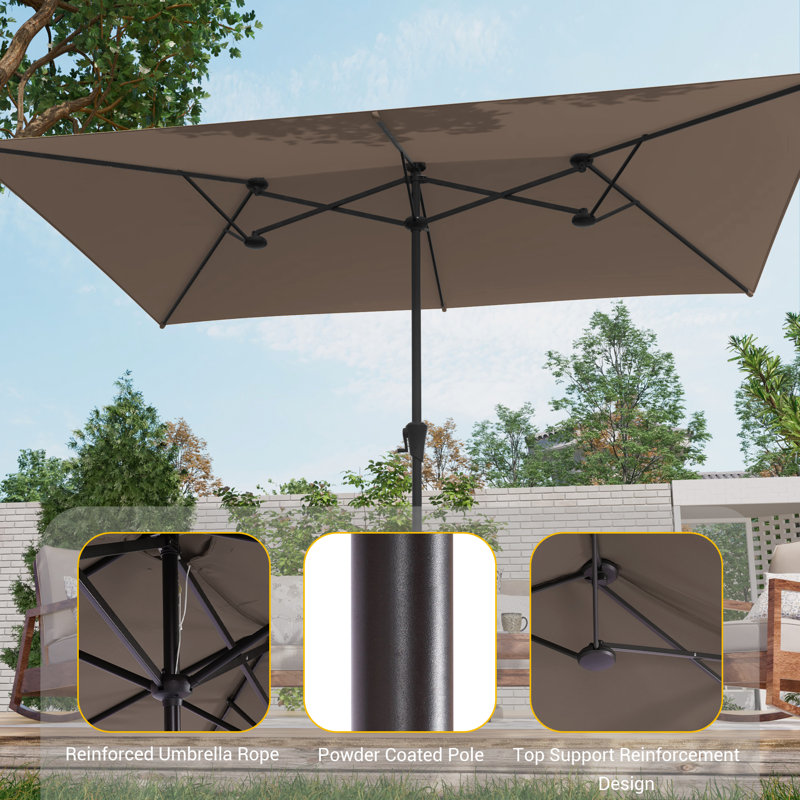 Parasol de patio à double face 10 x 6,5 pi avec grand auvent, Taupe