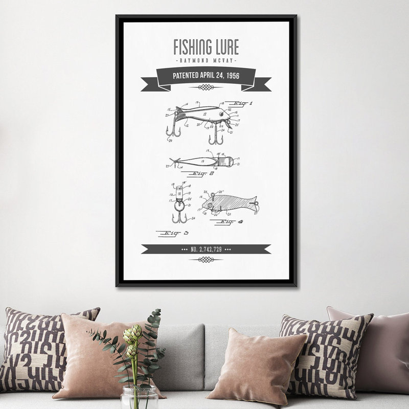 " Raymond McVay Fishing Lure Patent Sketch Retro I " by Aged Pixel, No Mat, Black Framed Canvas, 26" H x 18" W x 1.5" D