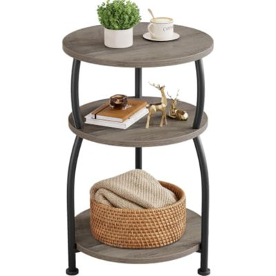 Table de bout ronde à 3 niveaux, table de chevet de 15,7 po | Table d'appoint circulaire pour petits espaces, canapé de 24 po de hauteur, table d'angle en bois pour le salon de la chambre, gris