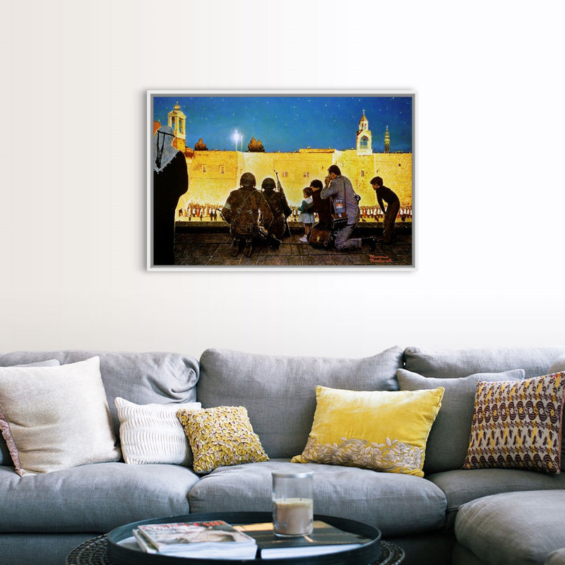 «Norman Rockwell Christmas Eve In Bethlehem», art mural sur toile, Cadre flottant blanc, H 34 po x l 50 po x P 1,75 po