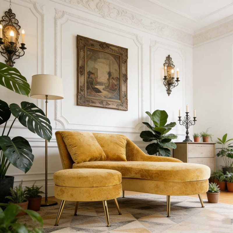 Chaise d'intérieur en chenille 58 po avec accoudoir gauche et coussin lombaire 58 po, Jaune