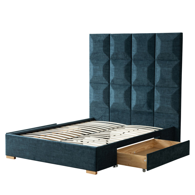 Lit plateforme tapissier de 71,5 po de hauteur avec 2 grands tiroirs de rangement en bois massif, Grand, Bleu