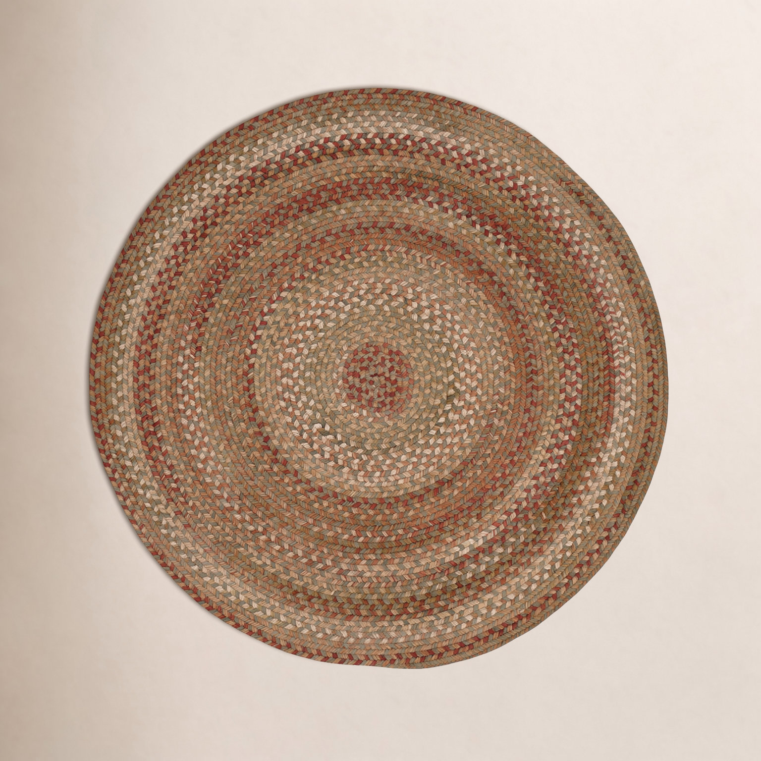 Red Brown Green Braided Striped Rug, Round 5'6"