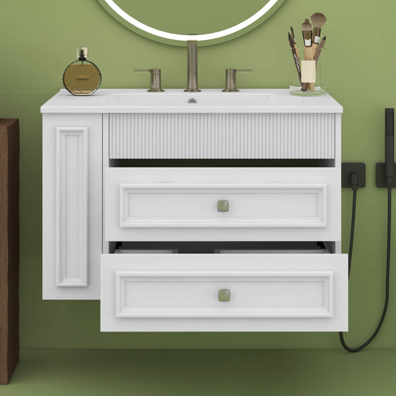 Meuble-lavabo mural 30 po, meuble-lavabo flottant avec lavabo en céramique, armoire de rangement avec 2 tiroirs, Blanc