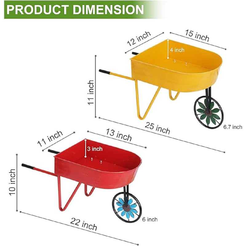 Metal Wheelbarrow Flower Cart Planter, 2 Packs Plant Stands With Triangular Support Handles Non-Rolling Wheel Vintage Wagon Planter Pots For Home Patio Garden Backyard Rustic Outdoor Decor