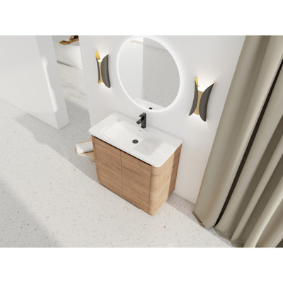 Meuble-lavabo autoportant de 36 po avec lavabo en céramique blanc, 2 portes à fermeture en douceur, tablettes réglables, 45 poignées dissimulées, - contreplaqué moderne avec charnières silencieuses, contreplaqué à bord incliné, grand espace de rangement pour