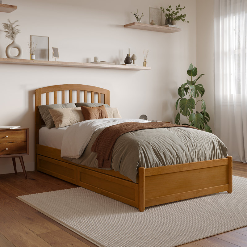 Lamari Solid Wood Storage Platform Bed with Footboard & Under Bed Drawers, Light Toffee, Twin XL