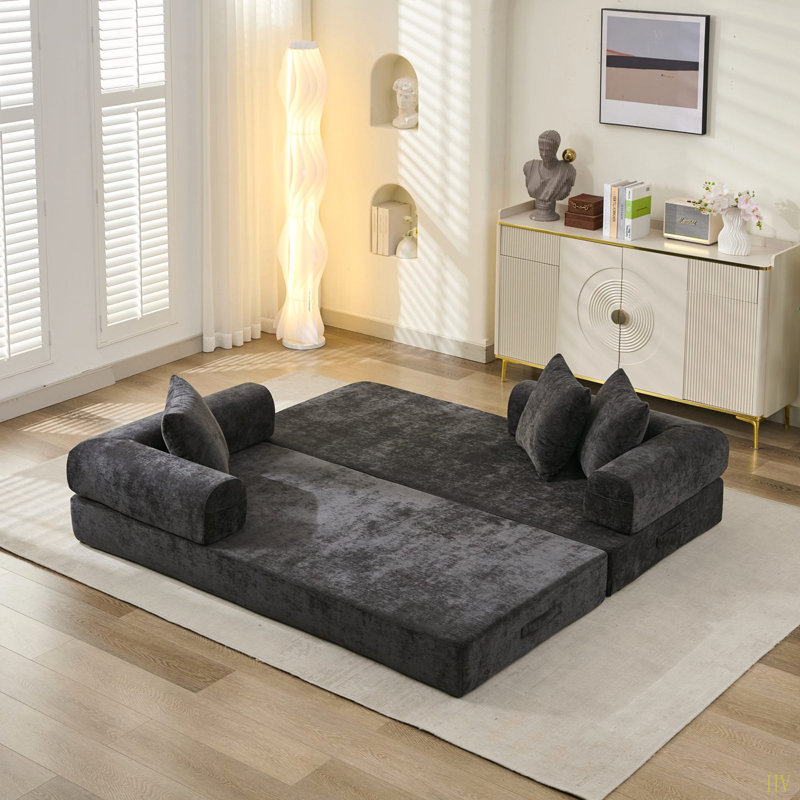 Comfy Convertible Folding Mattress Couch, Floor Sofa Bed, Chenille Floor Sofa With Armrest, Floor Sofa Lounge Couch For Living Room Bedroom Lounge Studio