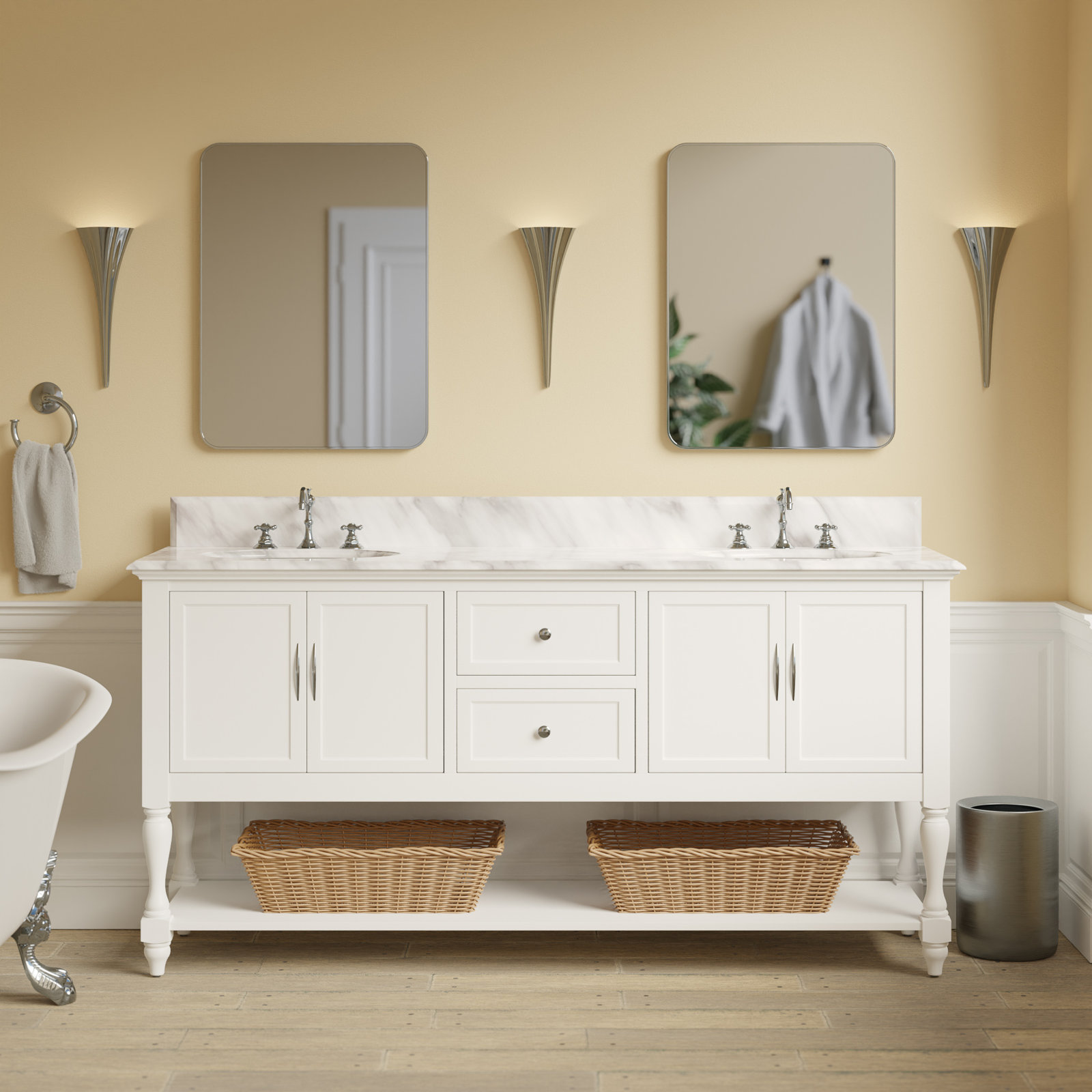 Hampton 72'' Double Bathroom Vanity, White, Carrara Marble