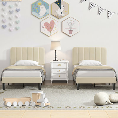 Bedias Set of 2 Twin Upholstered Platform Bed, Velvet Bed Frame with Vertical Channel Adjustable Headboard, Wooden Slats Support, No Box Spring Needed, Noise Free, Beige