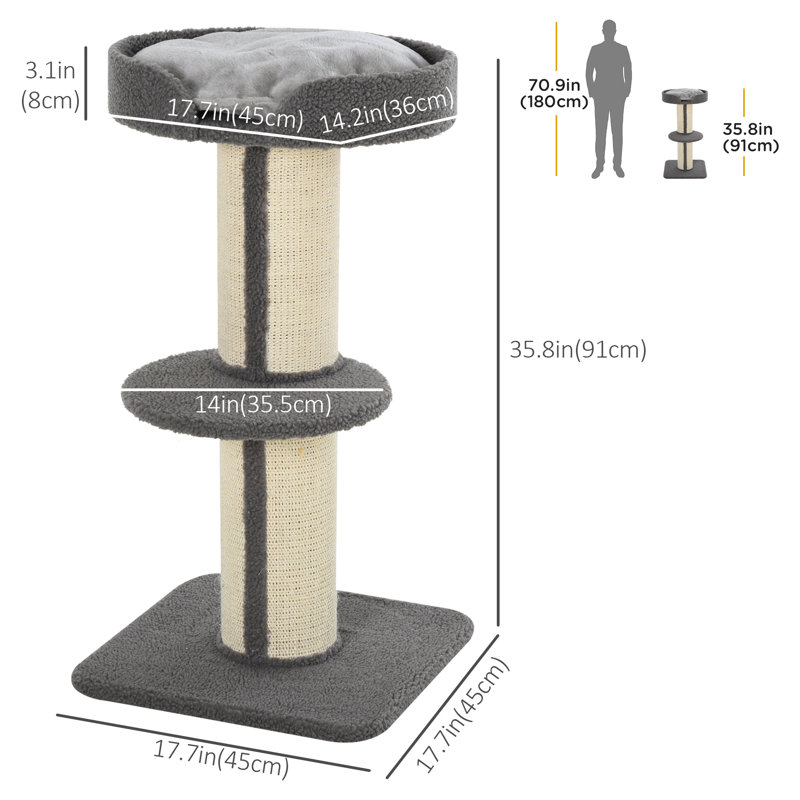 Tucker Murphy Pet 36" Cat Tree Multi-Level Kitty Tower With Sisal Mat Scratching Post, Cat Bed, Cushion, Perch, Grey