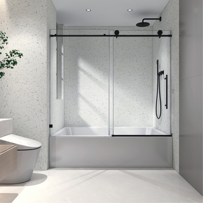 Matte Black Frameless One Fixed And One Shifted Shower Door, 70MM 304 Stainless Steel Large Pulleys With Adjustable Soft Closing Function,With Nano Easy Cleaning,Stick Explosion-Proof Menbrance