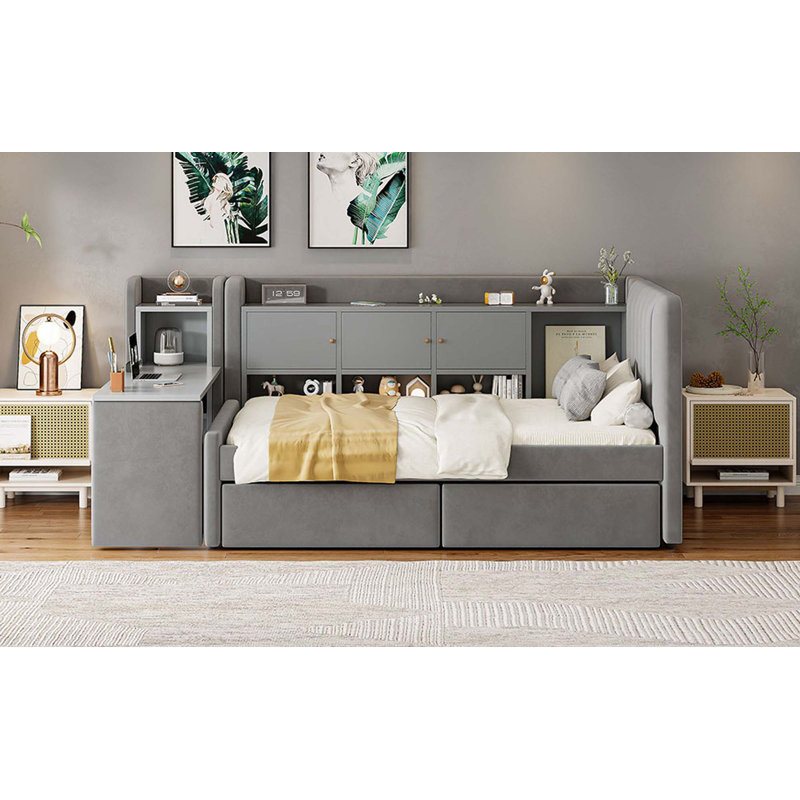 Lit de jour simple tapissier avec tiroirs, tablettes, armoires rabattables et table d'appoint