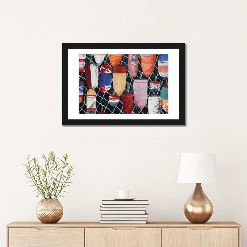 «Crab Buoys», impression sur toile, H 16 po x l 24 po x P 1 po, Papier beaux-arts encadré noir, Blanc