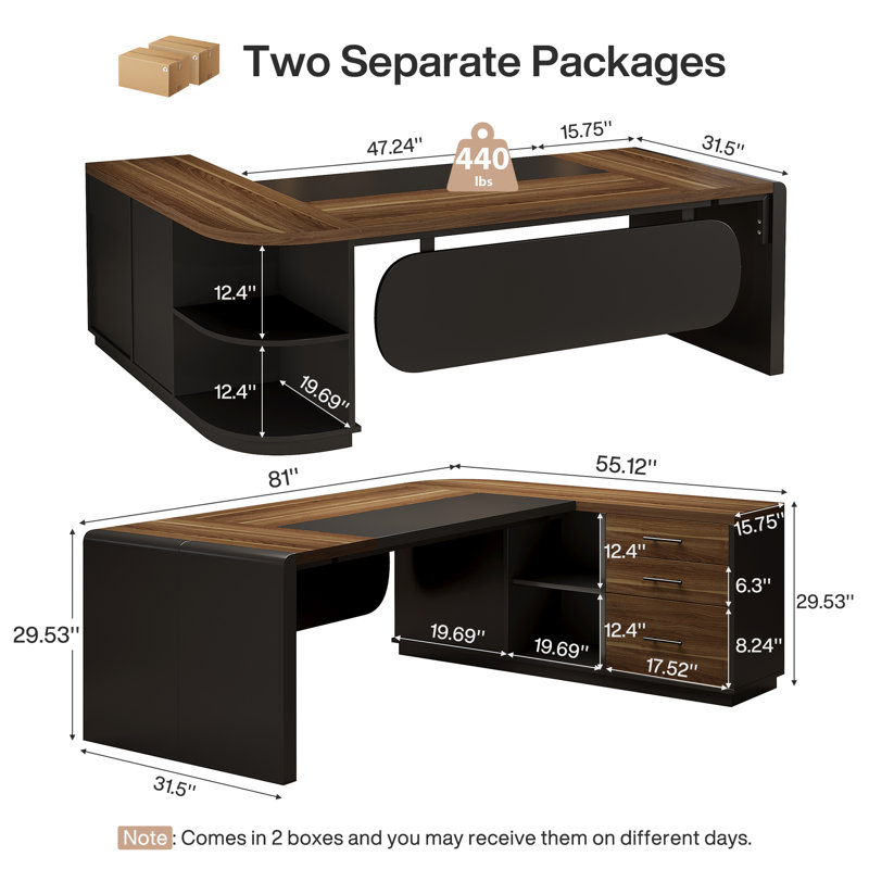 L-Shaped Executive Desk, Modern Office Desk with File Cabinet, Yellow Brown