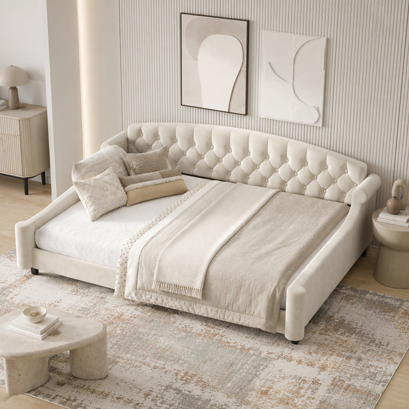 Grand lit de jour rembourré capitonné grand format, Beige