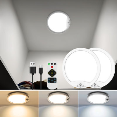 2 Pack Rechargeable Motion Sensor LED Ceiling Light with Remote, 4000mAh Battery, 3 Colors, Dimmable, USB-C Charging, Auto/Night/ON Modes, Timer, 8 Inch