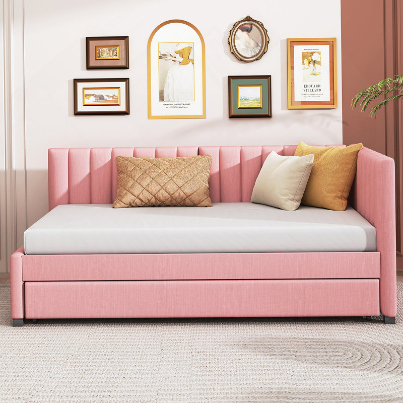 Upholstered Daybed with Trundle Twin Size Sofa Bed Frame, Twin, Pink