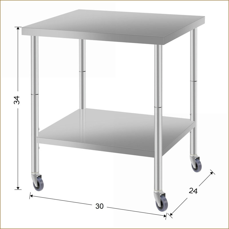 Table basse en acier inoxydable pour la cuisine / la maison, vaste surface de travail de 24 po x 24 po, hauteur de 34 po facile à nettoyer