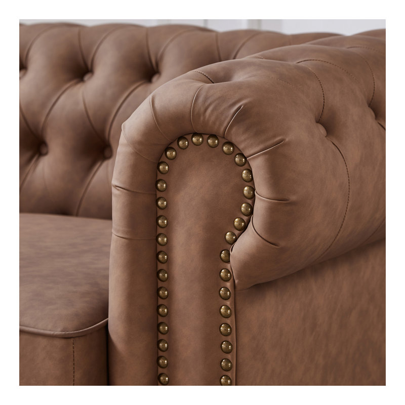 Fauteuil Chesterfield classique pour salon en similicuir, Cuir technique brun