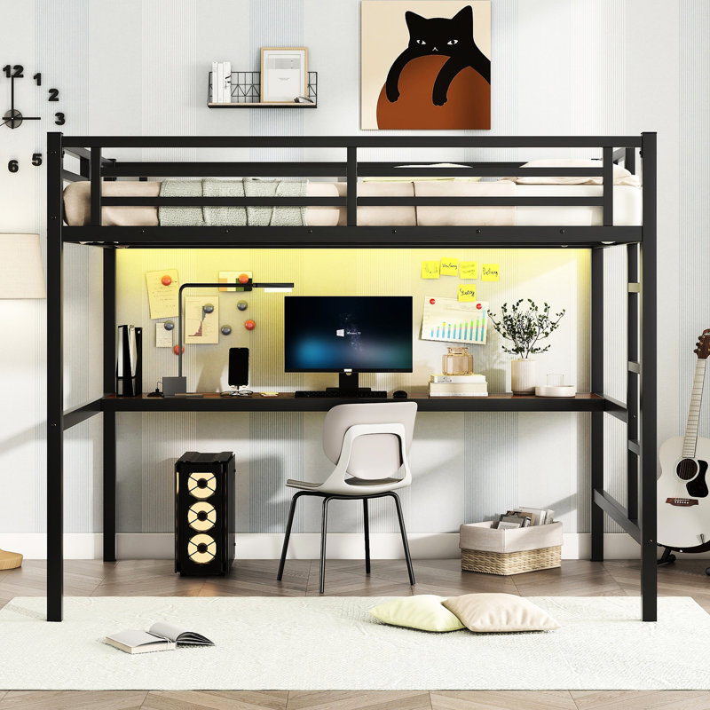 Lit mezzanine en métal avec bureau, Power Point, réduction du bruit à DEL, bureau noir et charge pratique, Lit double