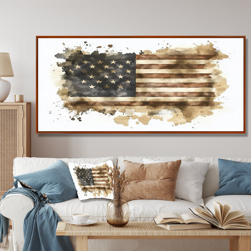 Drapeau rétro de l'ère des États-Unis, art mural, H 28 po x l 60 po, Impression encadrée flottante, Brun