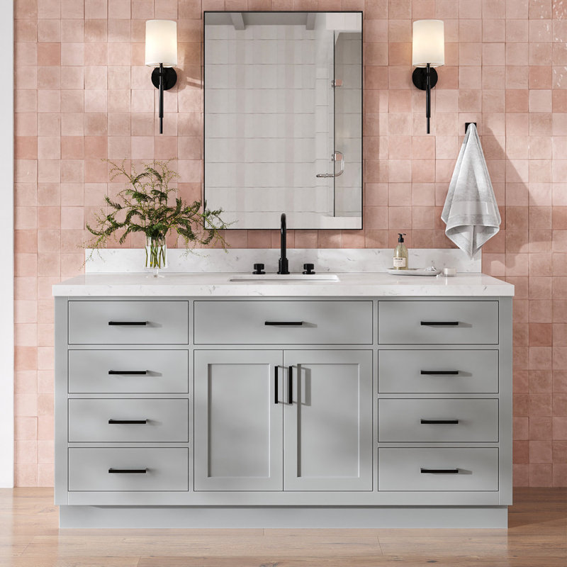 Meuble-lavabo simple en bois massif 66 po avec plateau en quartz Carrara de 1,5 po Thornaby, Gris, Forme rectangulaire