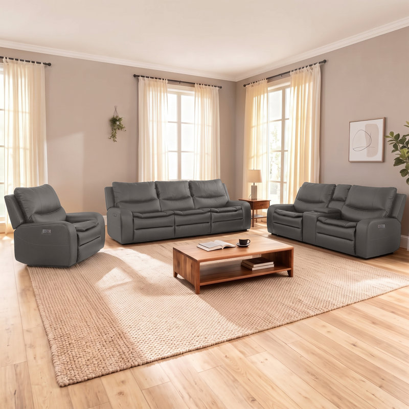 Ensemble de canapés 3 pièces en similicuir, canapé inclinable électrique surdimensionné avec chargeur sans fil, Blue