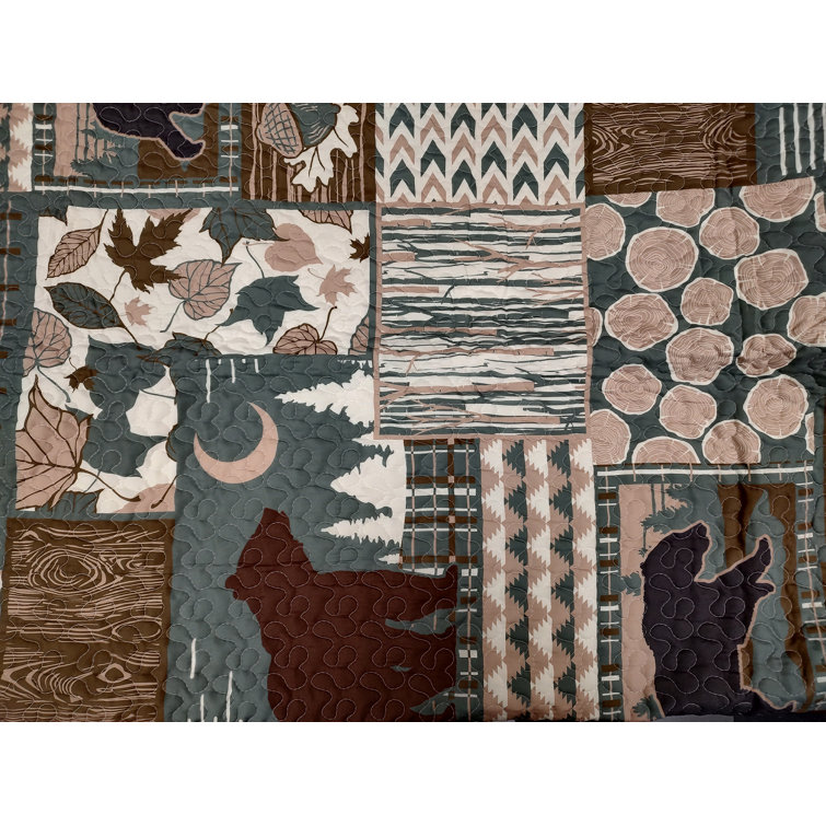 Timberland Bear Patchwork Boho Forest Nature Theme Country Cabin Lodge  Decorative Quilt Bedding Set