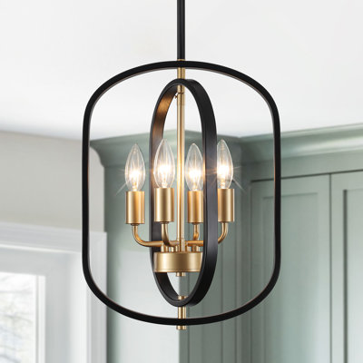 4-Light Dimmable Industrial Gold Black Lantern Geometric Chandelier Farmhouse Candle-Style Pendant Light For Loft Foyer Dining Room Living Room Entryway And Kitchen Island 