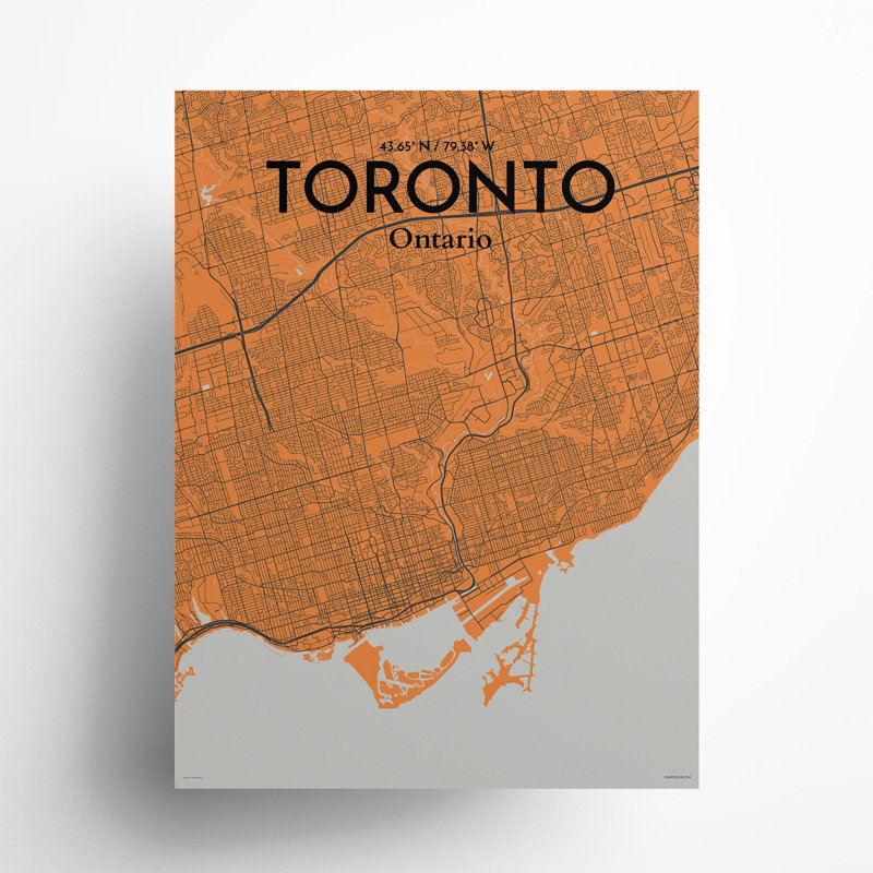 Toronto City Map In Orange - No Frame Print, 24cm H x 18cm W x 0.05cm D