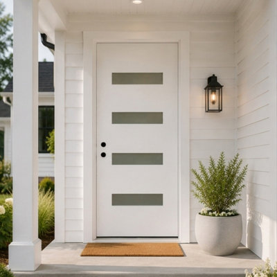 Fiberglass Entry Door Slab,Finish Knock-Down Fiberglass Door Slab, 4-Lite Frosted Glass - Contemporary Style for Home's Front Entrance, Right Hand Inswing(Door frame not included)