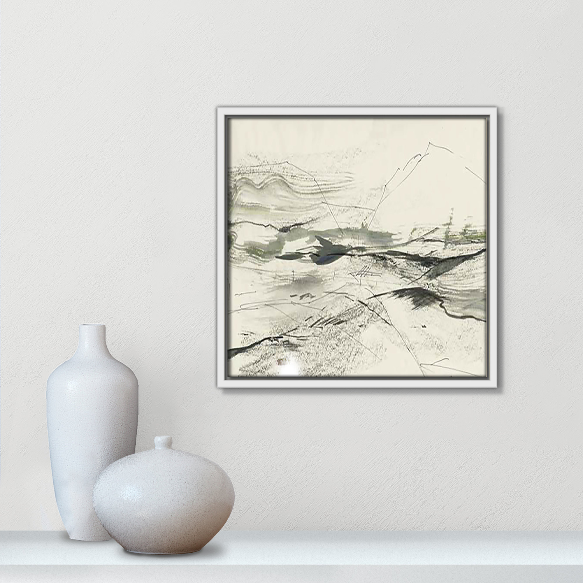Green Sketches, White Floater Framed, 13.5" H x 13.5" W x 2" D