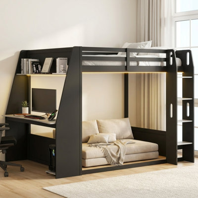 Wooden Gaming Loft Bunk Bed with Built-in Desk, LED Lights & USB Port, Storage Shelves and Cable Management, Full&Queen Size