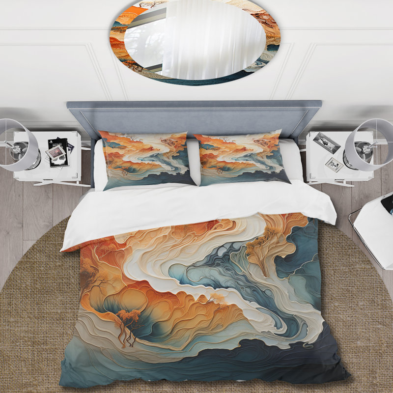 Ensemble de housse de couette Abstract Orange and Blue River Ink I - Abstract Marble