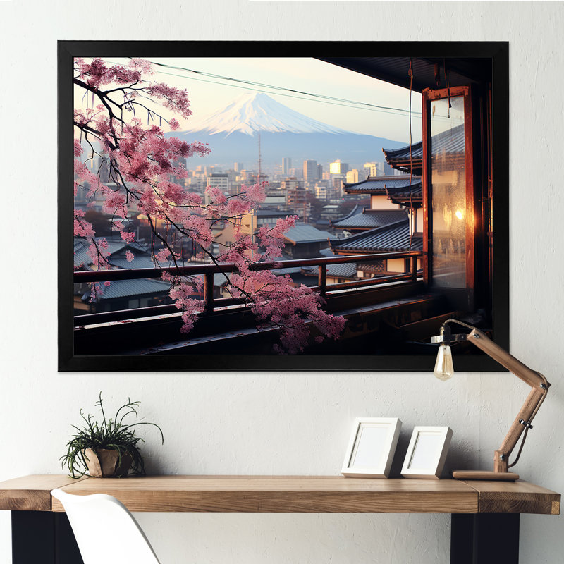Japon, fenêtre sur la ville, vue sur la sérénité - Japon, art mural, Cadre d'angle fermé noir, H 12 po x l 20 po x P 1 po