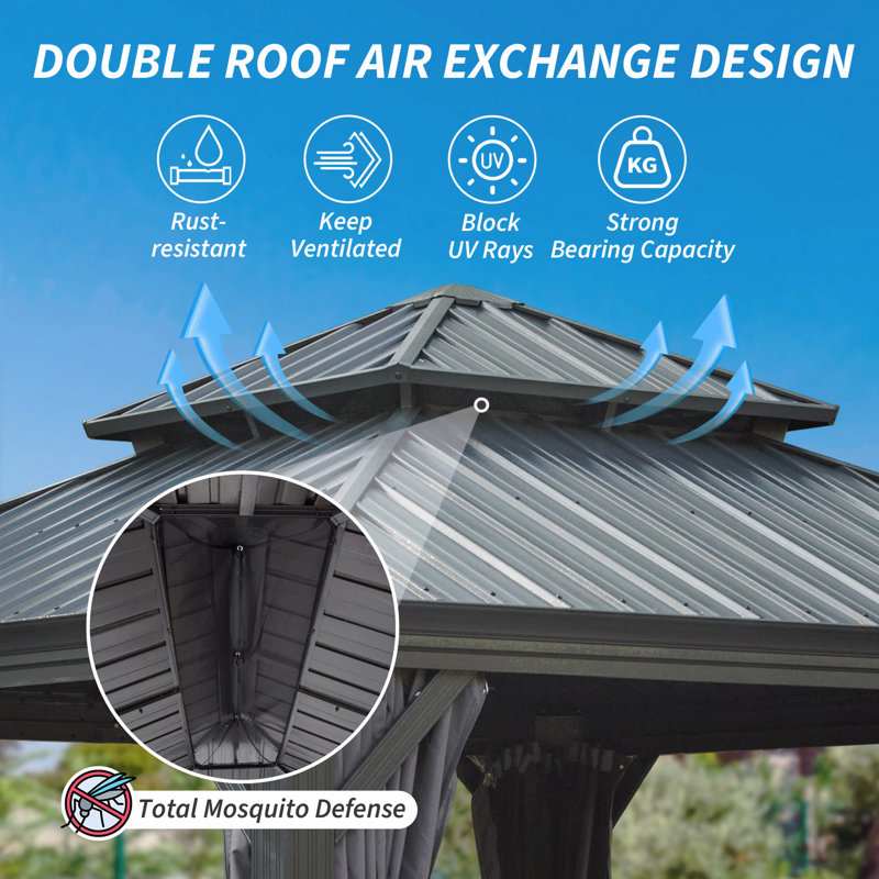 12X12FT Gazebo Metal, Mosquito Net For Outdoor Use With Galvanized Steel Double Roof & Drainage System (Grey), Gray