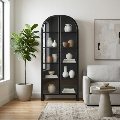 Armoire décorative arquée en métal et en verre avec portes en bois massif pour le hall d'entrée - Rangement décoratif moderne pour petits espaces de salon étroits - 87 po, noir