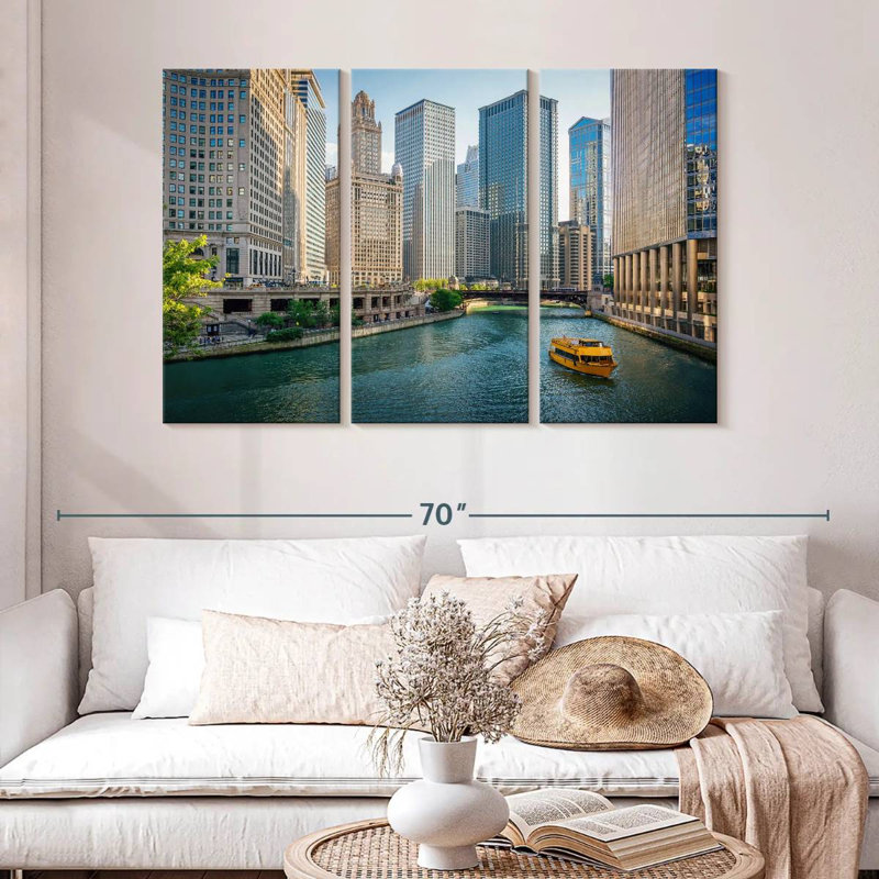 Bateau sur la rivière Sireci, Chicago, H 32 po x l 50 po