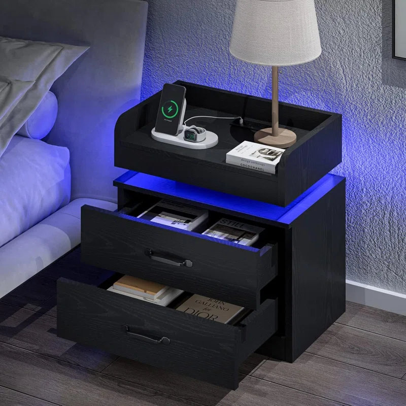 Ensemble de chambre à coucher 3 pièces, avec lit plateforme capitonné en similicuir et table de chevet DEL, Noir, Grand